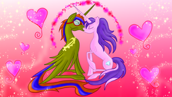 Size: 900x506 | Tagged: artist needed, safe, oc, oc only, oc:crystal sparkle, oc:storm spark, alicorn, pony, alicorn oc, glasses, heart, kissing, love, marriage proposal
