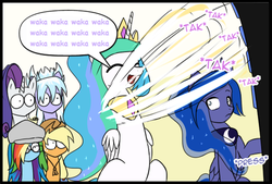 Size: 477x323 | Tagged: safe, artist:reikomuffin, applejack, cloudchaser, princess celestia, princess luna, rainbow dash, rarity, g4, cute, cutelestia, eyes closed, frown, open mouth, pac-man, raised hoof, sitting, smiling, watching, wide eyes