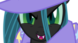 Size: 900x496 | Tagged: safe, artist:alexstrazse, queen chrysalis, changeling, changeling queen, g4, accessory swap, cape, clothes, female, hat, kathleen barr, solo, the great and powerful, trixie's cape, trixie's hat, voice actor joke