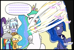 Size: 477x323 | Tagged: safe, artist:reikomuffin, applejack, cloudchaser, princess celestia, princess luna, rainbow dash, rarity, g4, alternate hairstyle, atatatatata, cute, cutelestia, heavy