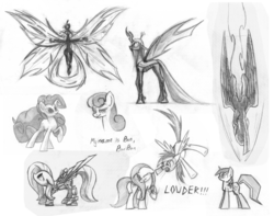 Size: 1600x1263 | Tagged: safe, artist:underpable, bon bon, fluttershy, pinkie pie, queen chrysalis, rainbow dash, sweetie drops, twilight sparkle, g4, monochrome, sketch dump