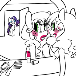 Size: 450x450 | Tagged: safe, artist:mt, applejack, rarity, g4, caught, door, lipstick, makeup, mirror