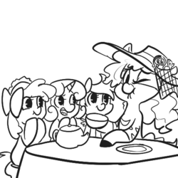 Size: 450x450 | Tagged: safe, artist:mt, apple bloom, scootaloo, sweetie belle, oc, oc:minituffs, zebra, g4, hat, minituffs, monochrome, tea party