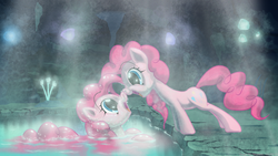 Size: 1920x1080 | Tagged: safe, artist:skwareblox, pinkie pie, g4, too many pinkie pies, boop, cave, cave pool, clone, cute, eye contact, happy, mirror pool, noseboop, open mouth, pinkie clone, smiling, wet