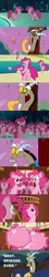 Size: 343x1912 | Tagged: safe, edit, edited screencap, screencap, discord, pinkie pie, draconequus, earth pony, pony, g4, the return of harmony, too many pinkie pies, balloon hand, chaos, clone, comic, discorded landscape, female, food, male, mare, mirror pool, multeity, pinkie clone, pinkie's silly face, pond, popcorn, screencap comic, too much pink energy is dangerous, wet mane