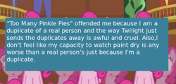 Size: 500x239 | Tagged: safe, edit, edited screencap, screencap, pinkie pie, earth pony, pony, offensive ponies, g4, too many pinkie pies, caption, clone, female, mare, meta, pinkie clone, pinkie clone debate, text