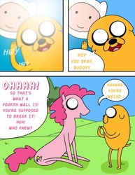 Size: 500x647 | Tagged: dead source, safe, artist:steveholt, pinkie pie, g4, adventure time, crossover, finn the human, jake the dog, male, style emulation