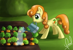Size: 1124x768 | Tagged: safe, artist:zorbitas, carrot top, golden harvest, pony, g4, carrot, cute, cutie top, female, garden, solo, watering, watering can