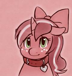 Size: 880x919 | Tagged: safe, artist:redintravenous, oc, oc only, oc:red ribbon, pony, unicorn, bow, collar, digital art, female, heart, mare, pet tag, solo