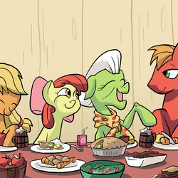 Size: 800x800 | Tagged: safe, artist:docwario, apple bloom, applejack, big macintosh, granny smith, earth pony, pony, g4, apple, apple pie, carrot, food, male, pie, stallion