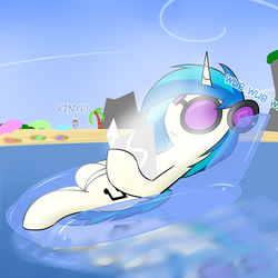 Size: 800x800 | Tagged: safe, artist:erthilo, dj pon-3, octavia melody, vinyl scratch, earth pony, pony, unicorn, ask octavia, g4, ask, beach, female, headphones, inflatable, mare, on back, tumblr, water