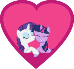 Size: 6429x6000 | Tagged: safe, artist:baka-neku, rarity, twilight sparkle, pony, unicorn, g4, absurd resolution, cheek kiss, duo, female, heart, kissing, lesbian, mare, ship:rarilight, shipping, unicorn twilight