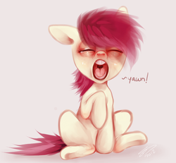 Size: 1299x1200 | Tagged: safe, artist:imalou, roseluck, earth pony, pony, g4, creepy, eyes closed, female, raised hoof, simple background, sitting, solo, text, uncanny valley, yawn