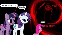 Size: 800x449 | Tagged: dead source, safe, artist:turbojuk, pinkie pie, rarity, twilight sparkle, earth pony, pony, unicorn, g4, crossover, earthbound, female, giygas, laughter song, speech bubble