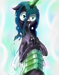 Size: 711x900 | Tagged: dead source, safe, artist:doppelgangsta, queen chrysalis, changeling, changeling queen, g4, bipedal, cute, cutealis, fangs, female, looking at you, mismatched eyes, smiling, solo, wide eyes