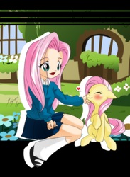 Size: 2550x3480 | Tagged: safe, artist:shinta-girl, fluttershy, human, g4, clothes, duo, human ponidox, humanized, skirt