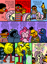 Size: 569x771 | Tagged: safe, artist:hirake! pony key, fluttershy, pinkie pie, g4, bert, big bird, cobblestone street, comic, cookie monster, crossover, ernie, grover, louder, my little pony meets sesame street, sesame street