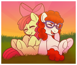 Size: 620x520 | Tagged: dead source, safe, artist:oh-what-a-twist, apple bloom, twist, earth pony, pony, g4, bitter sweets, duo, duo female, eyes closed, female, filly, foal, glasses, grass, outdoors, sitting, smiling