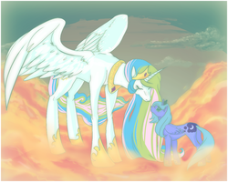Size: 900x720 | Tagged: safe, artist:akatsuki-xiii, princess celestia, princess luna, alicorn, pony, g4, cloud, cloudy, crown, duo, ethereal mane, eyes closed, female, hoof shoes, jewelry, mare, peytral, regalia, royal sisters, s1 luna, siblings, sisters, size difference, wayback machine source
