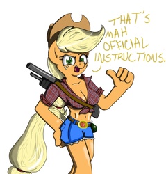 Size: 1432x1500 | Tagged: safe, artist:wazzart, applejack, anthro, g4, belly button, breasts, busty applejack, cleavage, clothes, daisy dukes, ellis, female, gun, kill all sons a bitches, left 4 dead, left 4 dead 2, shotgun, weapon