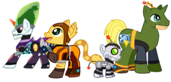 Size: 786x377 | Tagged: safe, artist:flowlight-goddess, captain qwark, clank, doctor nefarious, ponified, ratchet, ratchet and clank