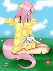 Size: 476x635 | Tagged: safe, artist:rozenpandachan, angel bunny, fluttershy, g4, clothes, eared humanization, humanized, sweatershy, tailed humanization, winged humanization