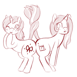 Size: 1000x1000 | Tagged: safe, artist:redintravenous, oc, oc:bezier curve, oc:red ribbon, pony, unicorn, butt, butt bump, butt to butt, butt touch, duo, female, intertwined tails, mare, plot