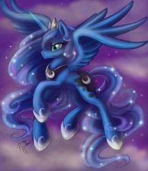 Size: 1599x1852 | Tagged: safe, artist:kiss-the-thunder, princess luna, alicorn, pony, g4, crown, ethereal mane, female, flying, green eyes, hoof shoes, horn, jewelry, night, regalia, sad, signature, sky, solo, spread wings, stars, wings