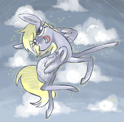 Size: 733x722 | Tagged: safe, artist:steeve, derpy hooves, pegasus, pony, g4, cloud, colored hooves, cute, derpabetes, female, flying, mare, open mouth, open smile, pose, shiny hooves, sidemouth, sky, sky background, smiling, solo