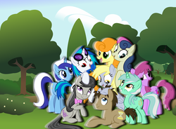 Size: 768x564 | Tagged: safe, artist:kevinthecamera, berry punch, berryshine, bon bon, carrot top, derpy hooves, dj pon-3, doctor whooves, golden harvest, lyra heartstrings, minuette, octavia melody, sweetie drops, time turner, vinyl scratch, earth pony, pegasus, pony, unicorn, g4, female, group shot, male, mare, stallion