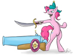 Size: 905x666 | Tagged: safe, artist:bingodingo, pinkie pie, earth pony, pony, g4, bipedal, female, mare, party cannon, pirate, sword, weapon