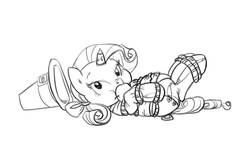 Size: 996x600 | Tagged: safe, artist:carnifex, rarity, pony, unicorn, g4, apple gag, bondage, fat, female, gag, horn, horn ring, lying down, magic suppression, mare, monochrome, on back, pilgrim outfit, solo, thanksgiving