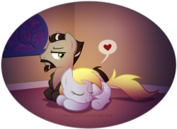 Size: 677x496 | Tagged: safe, artist:lissystrata, derpy hooves, pegasus, pony, g4, crossover, crossover shipping, doctor who, female, heart, lying down, male, mare, masterderpy, prone, rain, shipping, sleeping, straight, the master, window