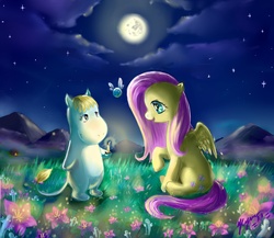 Size: 3000x2600 | Tagged: safe, artist:unnameluna, fluttershy, parasprite, pegasus, pony, g4, candle, crossover, hattifattener, looking at each other, sitting, snork maiden, the moomins