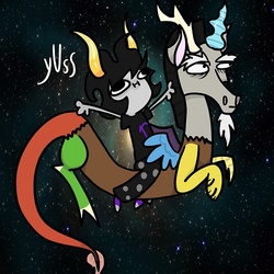 Size: 500x500 | Tagged: safe, artist:this-is-navi, discord, draconequus, g4, crossover, duo, gamzee makara, homestuck, male, riding, space, starry backdrop, troll (homestuck)