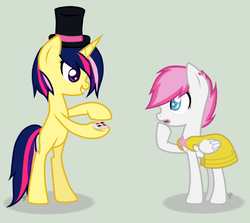 Size: 919x818 | Tagged: safe, artist:sarahmfighter, oc, oc only, pegasus, pony, unicorn, card, hat, magic trick, top hat