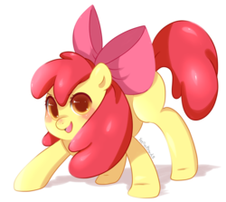 Size: 900x801 | Tagged: safe, artist:xeella, apple bloom, earth pony, pony, g4, adorabloom, blank flank, blushing, crouching, cute, female, filly, simple background, solo, transparent background