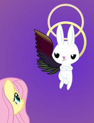 Size: 2118x2776 | Tagged: safe, artist:crunchnugget, angel bunny, fluttershy, angel, g4, angelic bunny, crossover, duo, final fantasy, final fantasy vii, one winged angel, pun, sephiroth, seraph sephiroth, visual pun