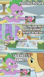 Size: 448x770 | Tagged: safe, donut joe, pinkie pie, spike, g4, caption, comic, imageboard, ponychan