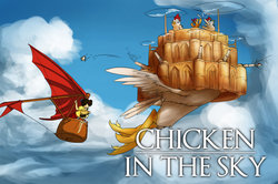 Size: 1024x681 | Tagged: safe, artist:conicer, scootaloo, chicken, human, pegasus, pony, g4, anime, cannon, castle, castle in the sky, cheering, cloud, crossover, female, filly, flying, happy, hayao miyazaki, helicopter, laputa: castle in the sky, open mouth, scootachicken, shooting, sky, smiling, spread wings, studio ghibli, wanderer d, wat, wings