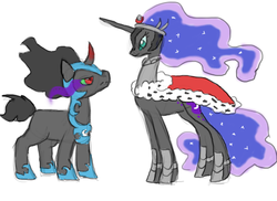 Size: 887x646 | Tagged: safe, artist:themiles, king sombra, nightmare moon, alicorn, pony, unicorn, g4, armor, costume swap, crossdressing, duo, female, looking at each other, looking at someone, male, mare, shipping, simple background, sombramoon, straight, white background