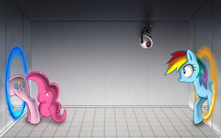 Size: 3840x2400 | Tagged: safe, artist:johnjoseco, pinkie pie, rainbow dash, g4, portal, portal (valve), wallpaper