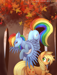 Size: 3000x4000 | Tagged: safe, artist:spittfireart, applejack, rainbow dash, earth pony, pegasus, pony, g4, :o, applejack's hat, bedroom eyes, butt touch, cowboy hat, duo, feathermarking, female, floppy ears, flying, forest, hat, lesbian, looking back, looking up, never doubt tchernobog's involvement, raised hoof, ship:appledash, shipping, smiling, smirk, spread wings, tree