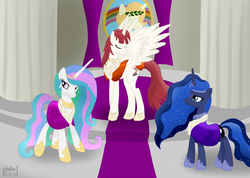 Size: 1728x1232 | Tagged: safe, artist:phallen1, princess celestia, princess luna, oc, oc:bonniecorn, oc:fausticorn, alicorn, pony, g4, female, mare