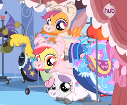 Size: 422x348 | Tagged: safe, screencap, apple bloom, scootaloo, sweetie belle, pegasus, pony, unicorn, g4, one bad apple, costume, cute, cutie mark crusaders, female, filly, hnnng