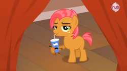 Size: 639x360 | Tagged: safe, screencap, babs seed, earth pony, pony, g4, one bad apple, season 3, babs seed song, drinking, female, filly, hub logo, soda, solo, straw, wat