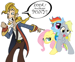 Size: 2832x2340 | Tagged: safe, artist:inkwell, derpy hooves, fluttershy, rainbow dash, human, pony, g4, 2011, crossover, dialogue, fusion, fusion:derpy hooves, fusion:flutterderpydash, fusion:fluttershy, fusion:rainbow dash, guybrush threepwood, monkey island, multiple heads, simple background, transparent background