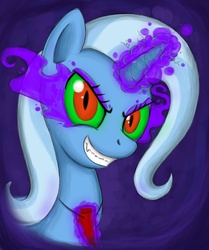 Size: 1045x1251 | Tagged: safe, artist:otakuap, king sombra, trixie, pony, unicorn, g4, bust, colored horn, curved horn, dark magic, female, horn, mare, portrait, possessed, solo, sombra eyes, sombra's horn