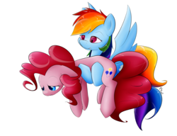 Size: 3000x2300 | Tagged: safe, artist:munkari, pinkie pie, rainbow dash, earth pony, pegasus, pony, g4, too many pinkie pies, carrying, female, floppy ears, mare, sad, scene interpretation, simple background, transparent background