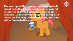 Size: 639x360 | Tagged: safe, edit, edited screencap, screencap, babs seed, earth pony, pony, g4, one bad apple, drinking, female, filly, meta, pony confession, soda, straw, text